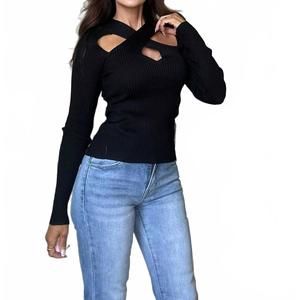NEW ONE & ONLY tina criss cross keyhole long sleeve top in black